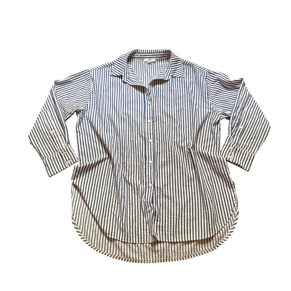Entro Button Down Shirt Womens Blue White Striped Seersucker High‎ Low SIZE L
